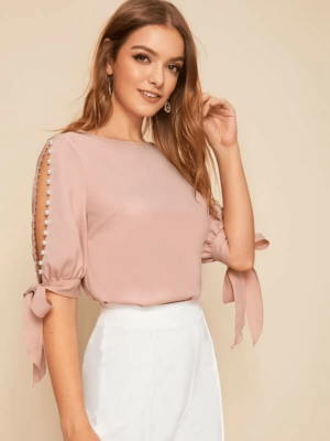 Blusa de manga longa com pérolas